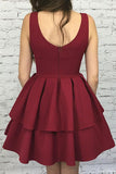Anneprom A-Line Scoop Short Burgundy Tiered Elastic Satin Homecoming Dress  APH0034