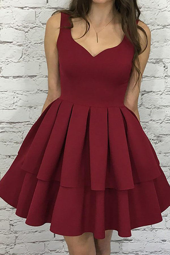 Anneprom A-Line Scoop Short Burgundy Tiered Elastic Satin Homecoming Dress  APH0034