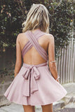Anneprom Deep V-Neck Criss-Cross Straps Short Blush Satin Homecoming Dress APH0038