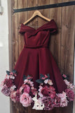 Anneprom A-Line Off-the-shoulder Burgundy Juniors Homecoming Dress Floral Short/Mini Prom Dresses APH0040