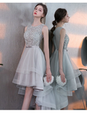 Anneprom Gray High Low Beaded A Line Tulle Homecoming Dresses With Bownot APH0052
