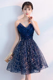 Anneprom Navy Blue A Line Strapless Sequined Short Homecoming Dresses APH0054