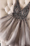 Anneprom Luxurious Sequins Beaded V-neck Tulle Short Gray Homecoming Dresses APH0059