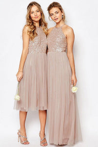 Anneprom Gorgeous Sequins Top Halter Romantic A Line Short Long Bridesmaid Dresses APH0063