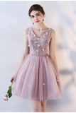Anneprom Pink A Line V Neck Flowers Short Homecoming Dresses,Mini School Dress APH0064