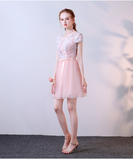 Anneprom Pink A Line Tulle Cap Sleeves Short Homecoming Dresses With Flowers APH0065