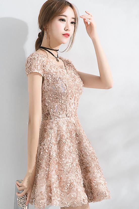 Anneprom Beautiful A Line Short Sleeves Mini Lace Homecoming Dresses APH0066