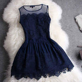 Anneprom A-line Mini Navy Blue Sleeveless Crew Short Homecoming Dresses With Lace APH0070