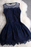 Anneprom A-line Mini Navy Blue Sleeveless Crew Short Homecoming Dresses With Lace APH0070