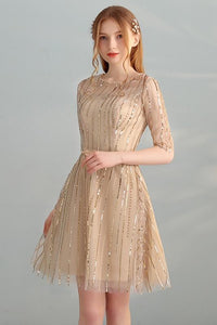 Anneprom Gold Sequins A Line Short Tulle Half Sleeves Homecoming Dresses APH0071