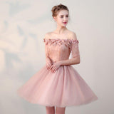 Anneprom Chic Homecoming Dresses Short Pearl Pink Off-the-shoulder Tulle Cheap Prom Dress APH0073