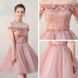 Anneprom Chic Homecoming Dresses Short Pearl Pink Off-the-shoulder Tulle Cheap Prom Dress APH0073