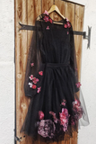 Anneprom A-Line Little Black Scoop Long Sleeve Floral Juniors Homecoming Dress Short/Mini Prom Dresses APH0074