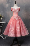 Anneprom Pink Tea Length Sweetheart Off Shoulder Prom Dress, Sweet 16 Dresses APH0077