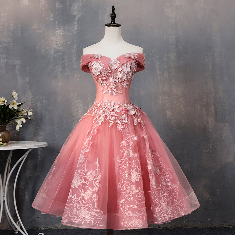 Anneprom Pink Tea Length Sweetheart Off Shoulder Prom Dress, Sweet 16 Anneprom Pink Tea Length Sweetheart Off Shoulder Prom Dress, Sweet 16