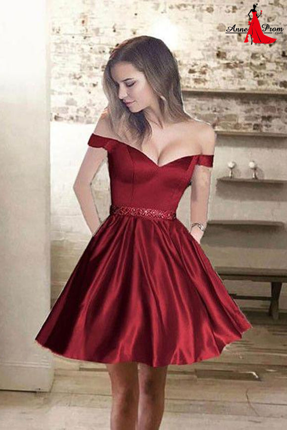Anneprom A-line Off-the-shoulder Homecoming Dress Burgundy Short Prom Drsess APH0083