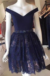 Anneprom A-line Dark Navy Short Prom Dress Off-the-shoulder Lace Short Prom Dress Homecoming Dress APH0084