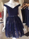 Anneprom A-line Dark Navy Short Prom Dress Off-the-shoulder Lace Short Prom Dress Homecoming Dress APH0084