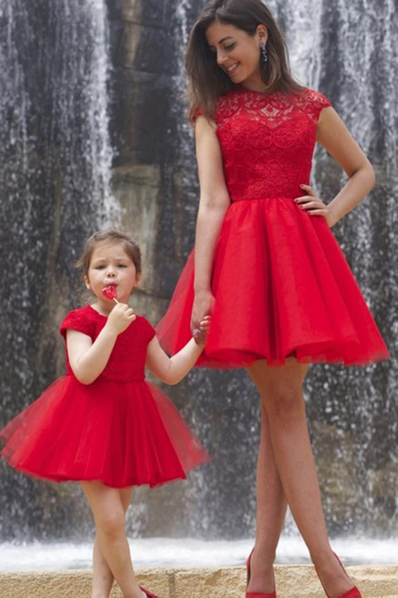 Anneprom A line Red Cap Sleeves Tulle Lace High Neck Above Knee Open Back Homecoming Dresses APH0091