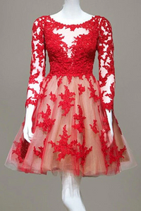Anneprom long sleeve prom dresses,Red A-line Scoop Short Mini Tulle Homecoming Dress APH0095