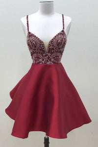 Anneprom Burgundy Homecoming Dress A-line Straps Satin Short Prom Dress APH0096