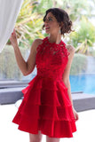 Anneprom A-line Scoop Homecoming Dress Organza Red Short Prom Drsess APH0098