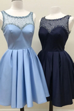 Anneprom Chic A-line Scoop Short Prom Dress Satin Blue Beading Homecoming Dress APH0100