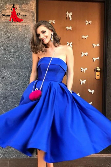 Anneprom A-Line Strapless Tea-Length Royal Blue Satin Prom Dress with Pockets APH0108