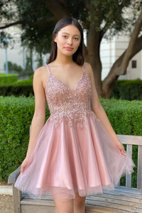 Anneprom Pretty A Line Pink Beadeing Homecoming Dress, Short Spaghetti Straps Prom Dress APH0116