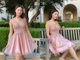 Anneprom Pretty A Line Pink Beadeing Homecoming Dress, Short Spaghetti Straps Prom Dress APH0116