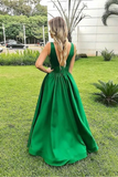 Anneprom Elegant A Line Sexy V Neck Long Satin Backless Prom Dresses Evening Dress APH0118