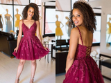 Anneprom  Cute V Neck Burgundy Appliques Short Prom Dress, Maroon Lace Formal Graduation Homecoming Dress APH0120