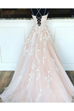 Anneprom A-Line Round Neck Yellow Tulle Lace Prom Dresses Formal Dresses APP0001