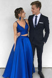 Anneprom Two Piece Deep V-Neck Royal Blue Satin Prom Dress Evening Dress APP0237