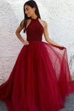 Anneprom A-Line Round Neck Floor-Length Red Tulle Prom Dress With Beading APP0240