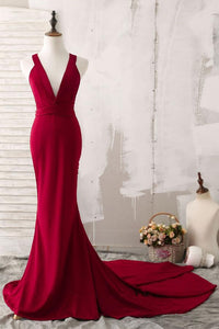 Anneprom Elegant Red Mermaid Plunging V-Neck Prom Evening Dresses APP0243