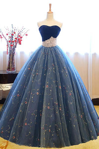 Anneprom Ball Gown Sweetheart Navy Blue Lace Prom Dress With Beading APP0247