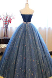 Anneprom Ball Gown Sweetheart Navy Blue Lace Prom Dress With Beading APP0247