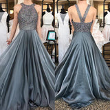 Anneprom Grey Chiffon A-Line Rhinestone Beaded Top Dark Long Prom Dresses APP0257