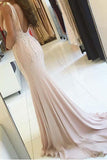 Anneprom Sheath V-Neck Sweep Train Pearl Pink Backless Prom Dress With Beading APP0260
