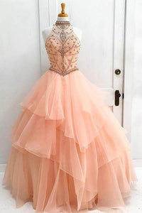 Anneprom Ball Gown High Neck Orange Long Tulle Prom Dress With Beading APP0262