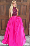 Anneprom Two Piece High Neck Open Back Satin Prom Dress With Beading APP0270