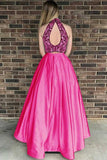 Anneprom Two Piece High Neck Open Back Satin Prom Dress With Beading APP0270