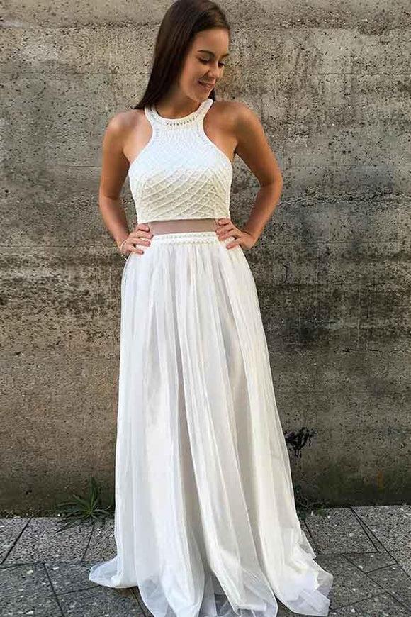 Anneprom A-Line Round Neck Open Back White Prom/Party Dress With Beading  APP0271