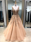 Anneprom A-Line V Neck Light Long Prom Dresses With Tulle A-Line/Princess APP0272