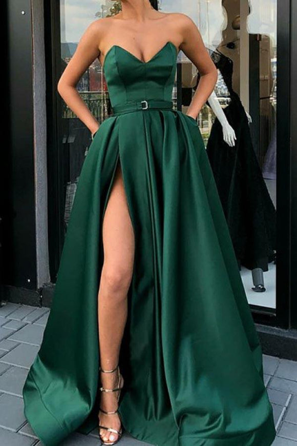 Anneprom Sweetheart A-Line Split Front Dark Green Long Prom Dress With Belt Pockets APP0276
