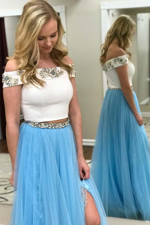 Anneprom Two Piece Off The Shoulder White And Blue Long Prom Dress With Side Slit APP0286