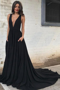 Anneprom Simple Black Chiffon Backless Deep V Neck A Line Long Prom Dress APP0287