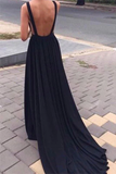 Anneprom Simple Black Chiffon Backless Deep V Neck A Line Long Prom Dress APP0287