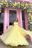 Anneprom Straps Tulle Bodice 3D Flowers With Back Lace Up Yellow Long Prom Dress APP0291